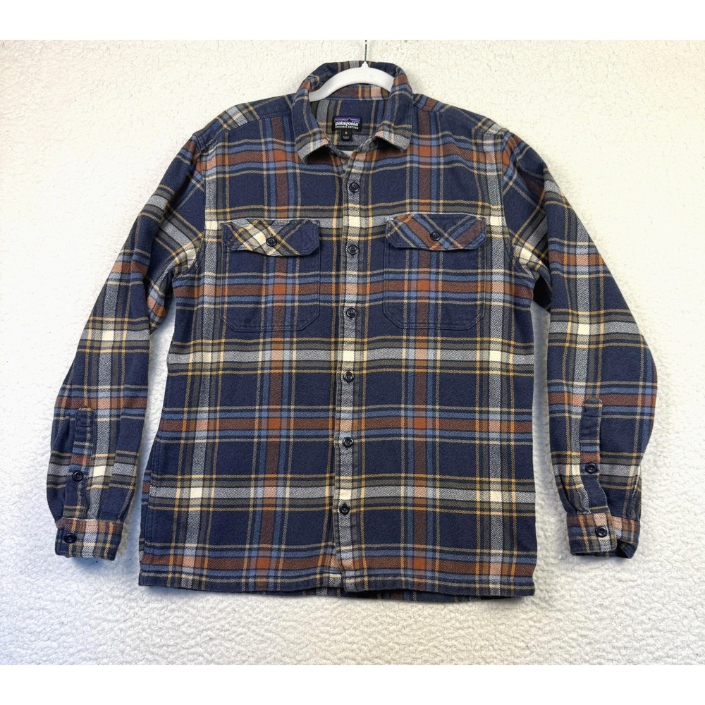 Patagonia Shirt Mens Medium Blue Orange‎ Plaid Organic Cotton Flannel Button Up
